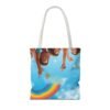 whimsical cloud & rainbow tote bag — cute smiling moon, kids illustration aop tote