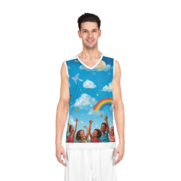 youth rainbow cloud basketball jersey — “painting the cloud” all over print