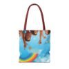 whimsical cloud & rainbow tote bag — cute smiling moon, kids illustration aop tote
