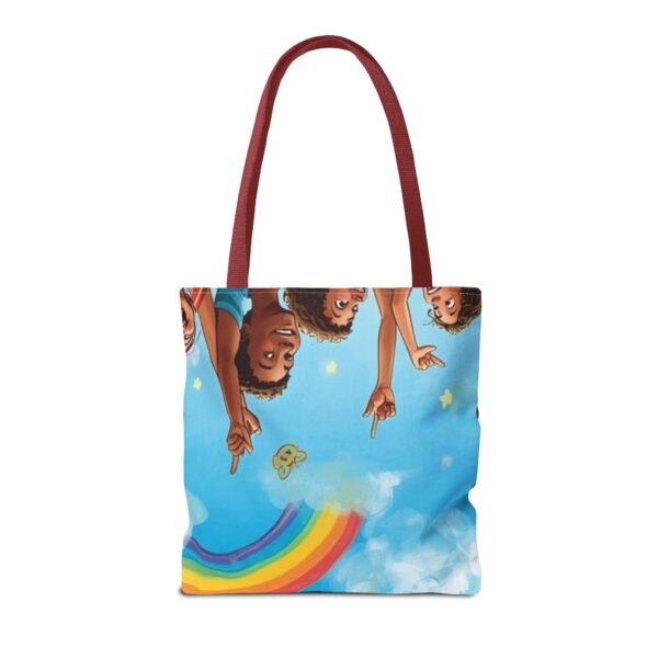 whimsical cloud & rainbow tote bag — cute smiling moon, kids illustration aop tote