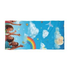 kids' rainbow beach towel — colorful cloud & smiling friends design