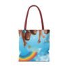 whimsical cloud & rainbow tote bag — cute smiling moon, kids illustration aop tote