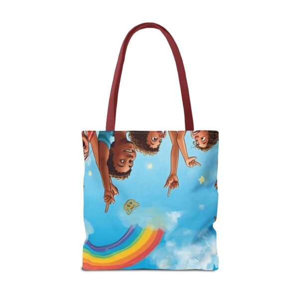 whimsical cloud & rainbow tote bag — cute smiling moon, kids illustration aop tote