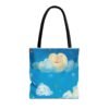 whimsical cloud & rainbow tote bag — cute smiling moon, kids illustration aop tote