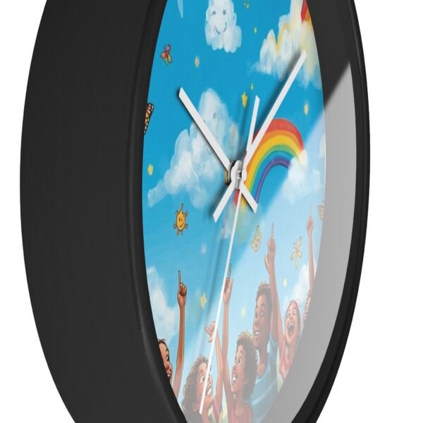 children's rainbow wall clock — joyful diverse kids, clouds & butterflies