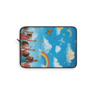 rainbow sky laptop sleeve — whimsical kids cloud, butterflies & rainbow design