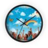children's rainbow wall clock — joyful diverse kids, clouds & butterflies