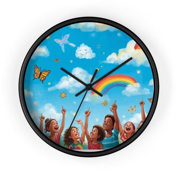 children's rainbow wall clock — joyful diverse kids, clouds & butterflies