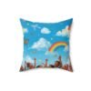 rainbow sky decorative pillow — kids room throw pillow with clouds, butterflies & joyful children