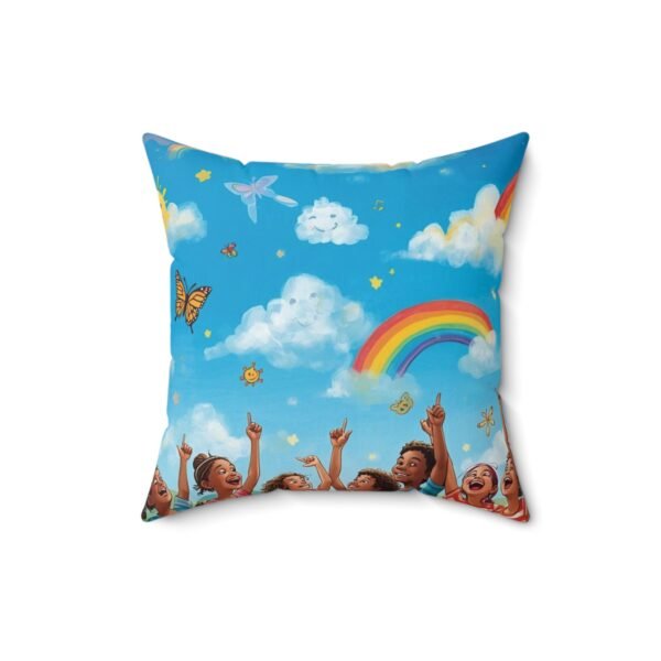 rainbow sky decorative pillow — kids room throw pillow with clouds, butterflies & joyful children