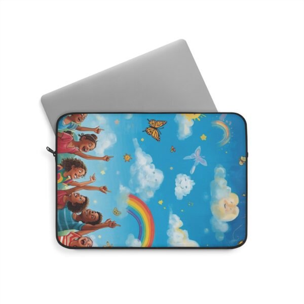 rainbow sky laptop sleeve — whimsical kids cloud, butterflies & rainbow design