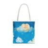 whimsical cloud & rainbow tote bag — cute smiling moon, kids illustration aop tote
