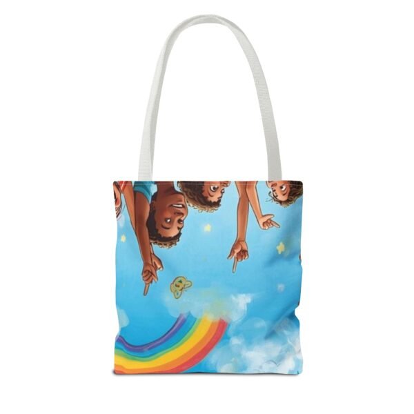whimsical cloud & rainbow tote bag — cute smiling moon, kids illustration aop tote