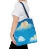 whimsical cloud & rainbow tote bag — cute smiling moon, kids illustration aop tote