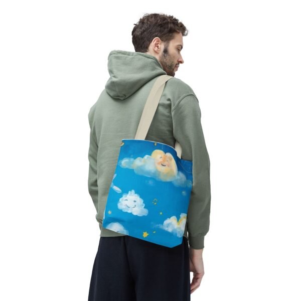 whimsical cloud & rainbow tote bag — cute smiling moon, kids illustration aop tote