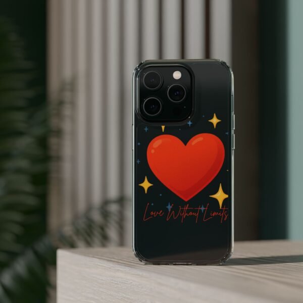 clear impact phone case — red heart & “love without limits” design