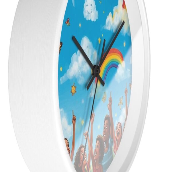 children's rainbow wall clock — joyful diverse kids, clouds & butterflies