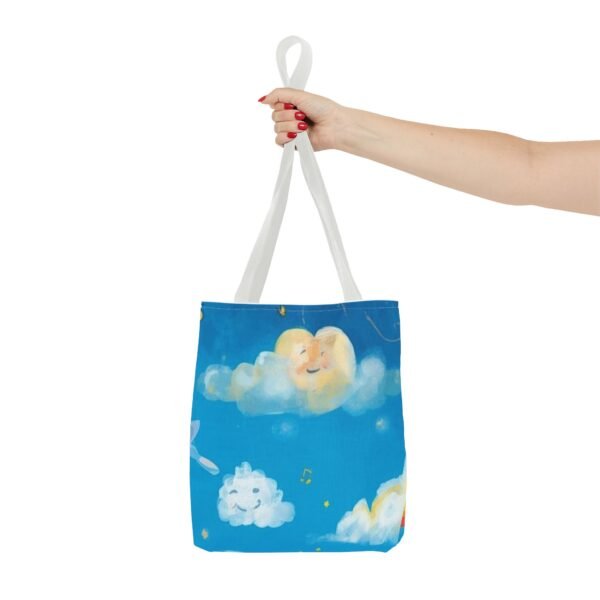 whimsical cloud & rainbow tote bag — cute smiling moon, kids illustration aop tote