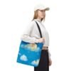 whimsical cloud & rainbow tote bag — cute smiling moon, kids illustration aop tote