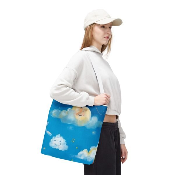 whimsical cloud & rainbow tote bag — cute smiling moon, kids illustration aop tote