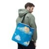 whimsical cloud & rainbow tote bag — cute smiling moon, kids illustration aop tote