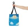 whimsical cloud & rainbow tote bag — cute smiling moon, kids illustration aop tote
