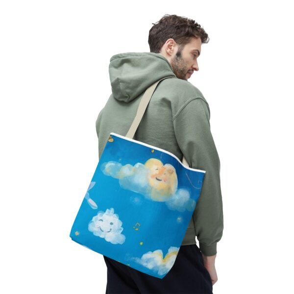 whimsical cloud & rainbow tote bag — cute smiling moon, kids illustration aop tote