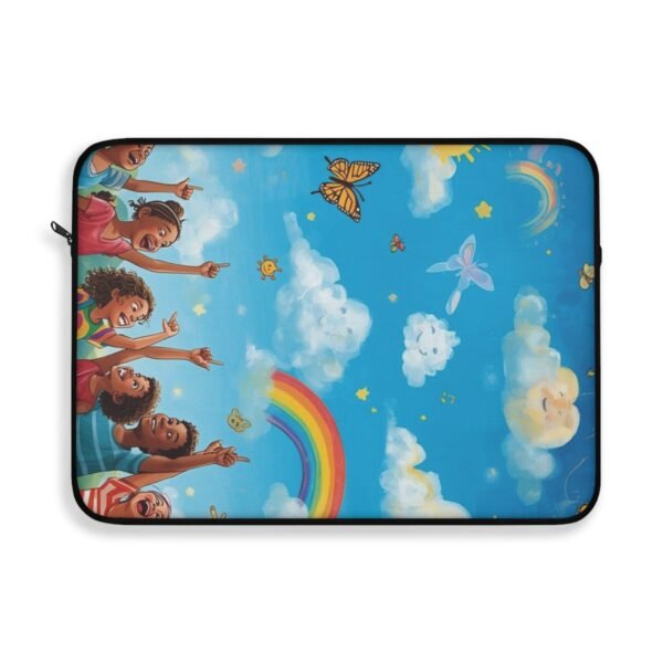 rainbow sky laptop sleeve — whimsical kids cloud, butterflies & rainbow design