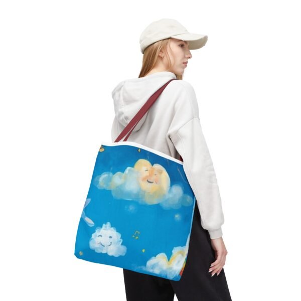 whimsical cloud & rainbow tote bag — cute smiling moon, kids illustration aop tote