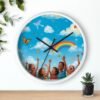 children's rainbow wall clock — joyful diverse kids, clouds & butterflies