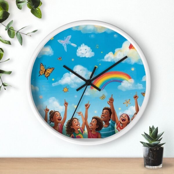 children's rainbow wall clock — joyful diverse kids, clouds & butterflies