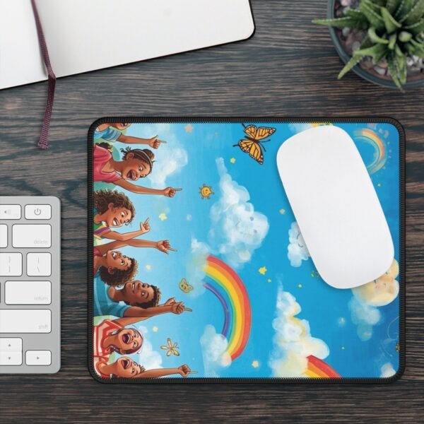 rainbow kids gaming mouse pad — cheerful clouds, butterflies & diverse children design