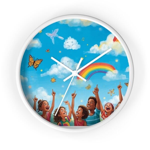 children's rainbow wall clock — joyful diverse kids, clouds & butterflies