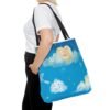 whimsical cloud & rainbow tote bag — cute smiling moon, kids illustration aop tote