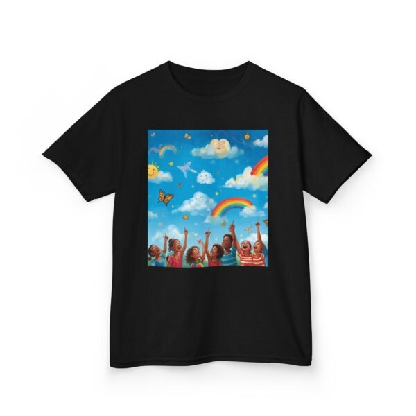 kids tee — joyful rainbow cloud design (“painting the cloud”)