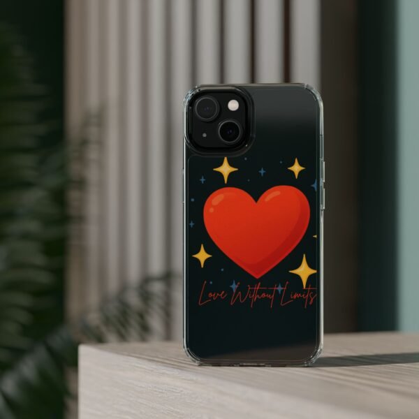 clear impact phone case — red heart & “love without limits” design