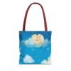 whimsical cloud & rainbow tote bag — cute smiling moon, kids illustration aop tote