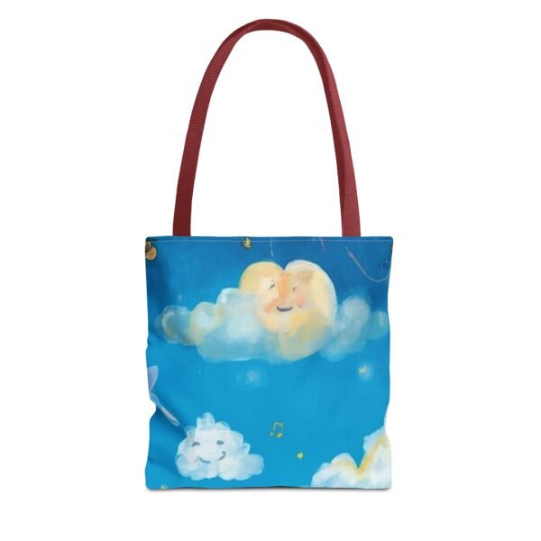 whimsical cloud & rainbow tote bag — cute smiling moon, kids illustration aop tote
