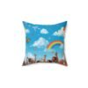 rainbow sky decorative pillow — kids room throw pillow with clouds, butterflies & joyful children