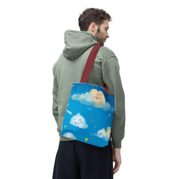whimsical cloud & rainbow tote bag — cute smiling moon, kids illustration aop tote
