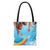 whimsical cloud & rainbow tote bag — cute smiling moon, kids illustration aop tote