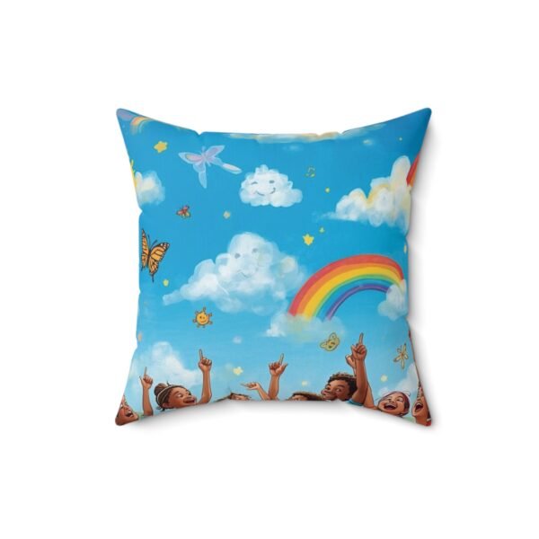 rainbow sky decorative pillow — kids room throw pillow with clouds, butterflies & joyful children