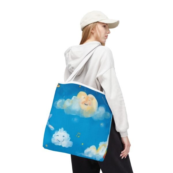 whimsical cloud & rainbow tote bag — cute smiling moon, kids illustration aop tote