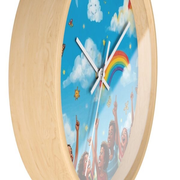 children's rainbow wall clock — joyful diverse kids, clouds & butterflies