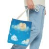 whimsical cloud & rainbow tote bag — cute smiling moon, kids illustration aop tote