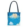 whimsical cloud & rainbow tote bag — cute smiling moon, kids illustration aop tote