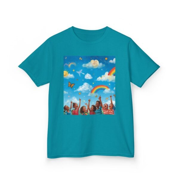 kids tee — joyful rainbow cloud design (“painting the cloud”)