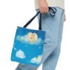 whimsical cloud & rainbow tote bag — cute smiling moon, kids illustration aop tote