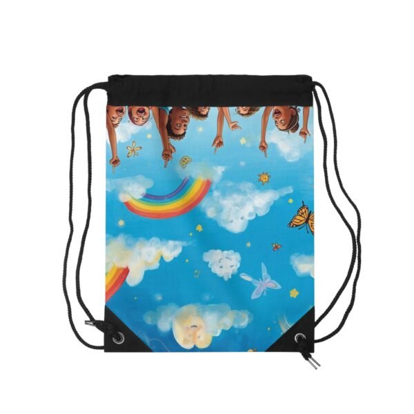 kids' rainbow cloud drawstring bag — cheerful smiling clouds & diverse children design
