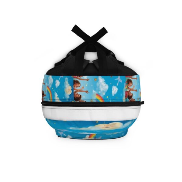 kids' rainbow cloud backpack — joyful diverse children print, cute butterflies & smiling clouds school bag